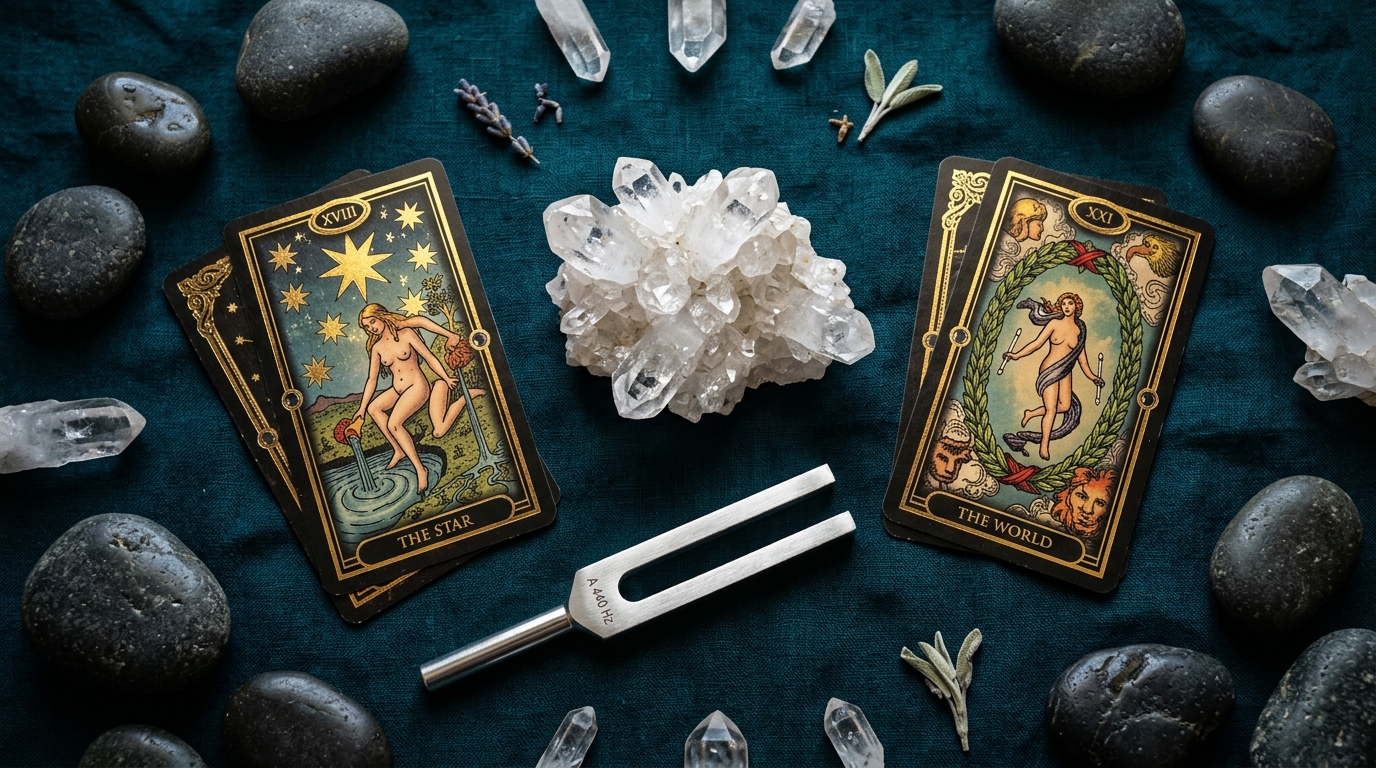 Sacred quartz crystals, acoustic tuning fork, river stones, and tarot cards